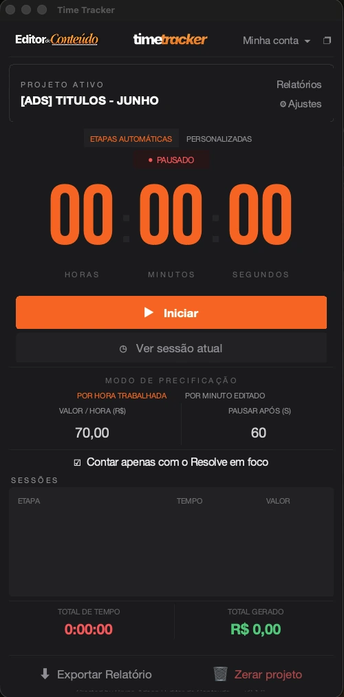 Interface do TimeTracker